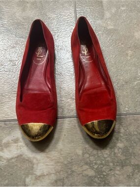 Yves Saint Laurent Red Suede Flats with Gold Toe Caps size 40/10US.